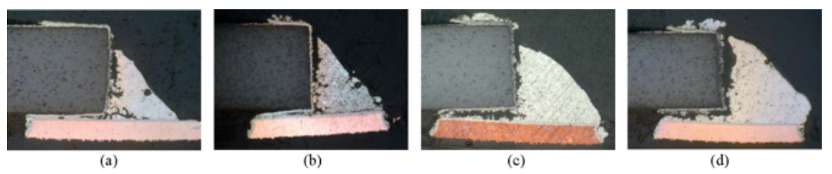 SAC305焊點疲勞失效圖; (a)凹形, (b)直形, (c)微凸形, (d)凸形。